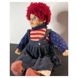 Vintage Cloth Doll - Red Yarn Hair, Striped Shirt & Corduroy Overalls