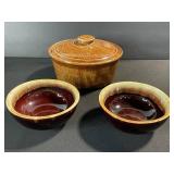 USA Stoneware Lidded Crock With 2 Bowls - Brown Glaze