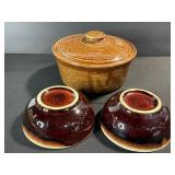USA Stoneware Lidded Crock With 2 Bowls - Brown Glaze