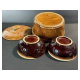 USA Stoneware Lidded Crock With 2 Bowls - Brown Glaze