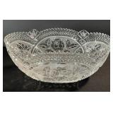 Crystal Cut Glass Bowl with Rose Motif - Diamond Edge Rim