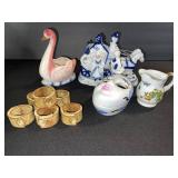 Blue & White Carriage Scene Porcelain Figurine - Pink Swan, Mask Jar, Strawberry Creamer, Napkin Ring Set 6