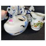 Blue & White Carriage Scene Porcelain Figurine - Pink Swan, Mask Jar, Strawberry Creamer, Napkin Ring Set 6