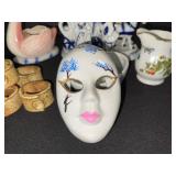 Blue & White Carriage Scene Porcelain Figurine - Pink Swan, Mask Jar, Strawberry Creamer, Napkin Ring Set 6