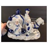 Blue & White Carriage Scene Porcelain Figurine - Pink Swan, Mask Jar, Strawberry Creamer, Napkin Ring Set 6