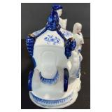 Blue & White Carriage Scene Porcelain Figurine - Pink Swan, Mask Jar, Strawberry Creamer, Napkin Ring Set 6