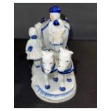 Blue & White Carriage Scene Porcelain Figurine - Pink Swan, Mask Jar, Strawberry Creamer, Napkin Ring Set 6
