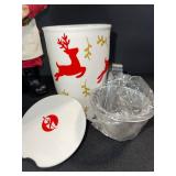 Santa Claus Figurine with Cake Plate & Ceramic Reindeer Cookie Jar