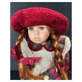 Porcelain Doll in Plaid Dress & Red Beret - Vintage Floral Boxed Collectible