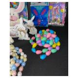 Easter Bunny Decor Set: Ceramic Bunnies, Basket, Glasses & Colorful Eggs