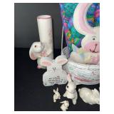 Easter Bunny Decor Set: Ceramic Bunnies, Basket, Glasses & Colorful Eggs