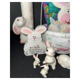 Easter Bunny Decor Set: Ceramic Bunnies, Basket, Glasses & Colorful Eggs