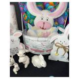 Easter Bunny Decor Set: Ceramic Bunnies, Basket, Glasses & Colorful Eggs