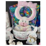 Easter Bunny Decor Set: Ceramic Bunnies, Basket, Glasses & Colorful Eggs