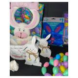 Easter Bunny Decor Set: Ceramic Bunnies, Basket, Glasses & Colorful Eggs