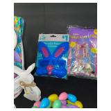 Easter Bunny Decor Set: Ceramic Bunnies, Basket, Glasses & Colorful Eggs