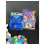 Easter Bunny Decor Set: Ceramic Bunnies, Basket, Glasses & Colorful Eggs