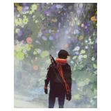 Framed Art Print - Lone Figure in Neon Floral Forest Scene