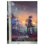 Framed Art Print - Silhouette with Backpack at Sunset City