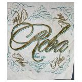 Souvenir Scarf - White Woven Fabric with Teal & Gold Script Tour 101 Reba
