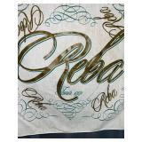 Souvenir Scarf - White Woven Fabric with Teal & Gold Script Tour 101 Reba
