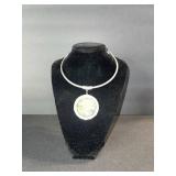 Necklace - Silver-Tone Circular Pendant with Green/Yellow Marbled Inlay