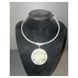 Necklace - Silver-Tone Circular Pendant with Green/Yellow Marbled Inlay