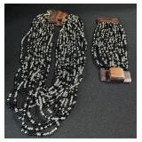 Beaded Seed Necklace & Bracelet Set - Black & Silver with Wood Clasp