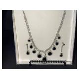 Silver-Tone Black Onyx Crystal Necklace Set & Earrings