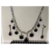 Silver-Tone Black Onyx Crystal Necklace Set & Earrings
