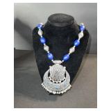 Silver-Tone Filigree Crescent Necklace with Blue Beads