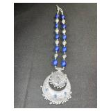 Silver-Tone Filigree Crescent Necklace with Blue Beads