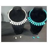 Bead Necklace Set with Teardrop Earrings - White & Turquoise (2-Pc Set)
