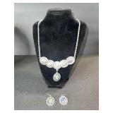 Silver-Tone Necklace & Drop Earring Set with Oval Green, Pink & Blue Cabochons