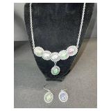 Silver-Tone Necklace & Drop Earring Set with Oval Green, Pink & Blue Cabochons