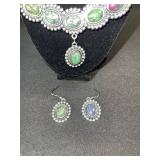 Silver-Tone Necklace & Drop Earring Set with Oval Green, Pink & Blue Cabochons