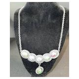 Silver-Tone Necklace & Drop Earring Set with Oval Green, Pink & Blue Cabochons