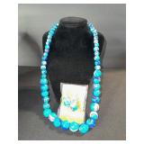 Turquoise Blue Marble Glass Bead Necklace & Earrings Set