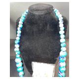 Turquoise Blue Marble Glass Bead Necklace & Earrings Set