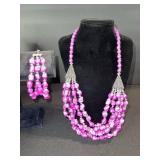 Pink Bead Necklace & Earrings Set - Magenta Multi-Strand with Silver-Tone Accents