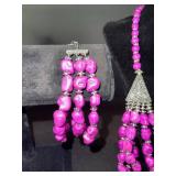Pink Bead Necklace & Earrings Set - Magenta Multi-Strand with Silver-Tone Accents