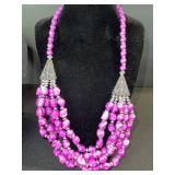 Pink Bead Necklace & Earrings Set - Magenta Multi-Strand with Silver-Tone Accents
