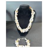 Bead Necklace & Bracelet Set - Ivory & Champagne Square Beads
