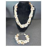 Bead Necklace & Bracelet Set - Ivory & Champagne Square Beads