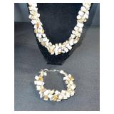 Bead Necklace & Bracelet Set - Ivory & Champagne Square Beads