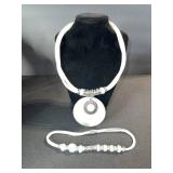 White Cord Necklace with Circular Pendant & Bead Bracelet Set