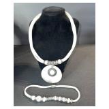 White Cord Necklace with Circular Pendant & Bead Bracelet Set