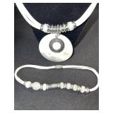 White Cord Necklace with Circular Pendant & Bead Bracelet Set