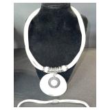 White Cord Necklace with Circular Pendant & Bead Bracelet Set