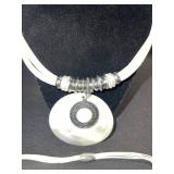 White Cord Necklace with Circular Pendant & Bead Bracelet Set